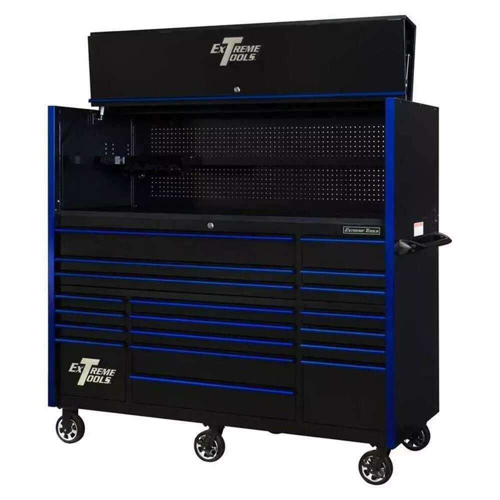 EXTREME TOOLS RX SERIES 55" 12-DRAWER ROLLER WITH HUTCH - BLACK W/BLUE DRAWER PULLS