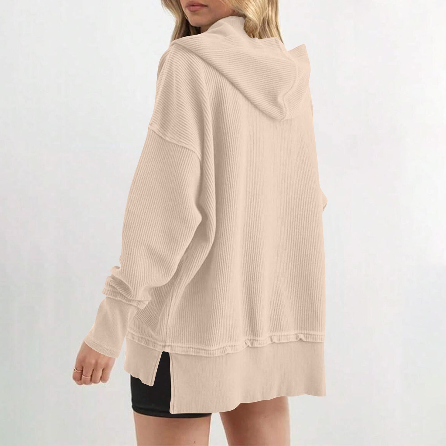 Womens Long Sleeve Tops Casual Ribbed Knit Half Button Hooded Pullover Sweatshirt Versatile Casual Wear