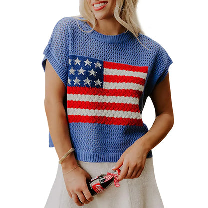 🔥4th of July Sale 🇺🇸 Women’s American Flag Graphic Knit Sweater Short Sleeve Casual Streetwear Top