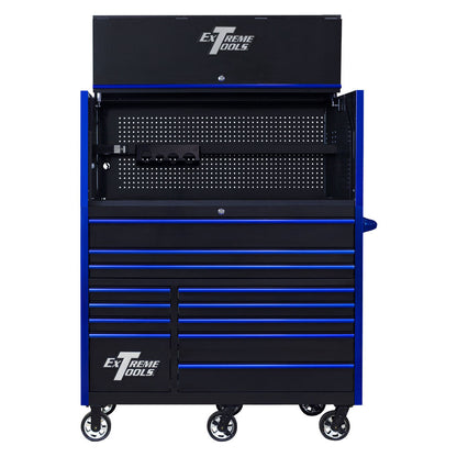 EXTREME TOOLS RX SERIES 55" 12-DRAWER ROLLER WITH HUTCH - BLACK W/BLUE DRAWER PULLS