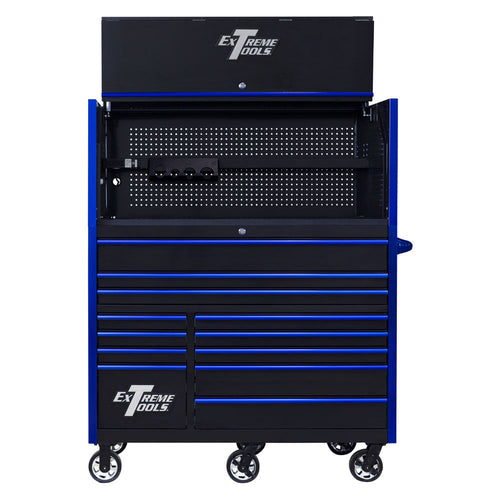 EXTREME TOOLS RX SERIES 55" 12-DRAWER ROLLER WITH HUTCH - BLACK W/BLUE DRAWER PULLS