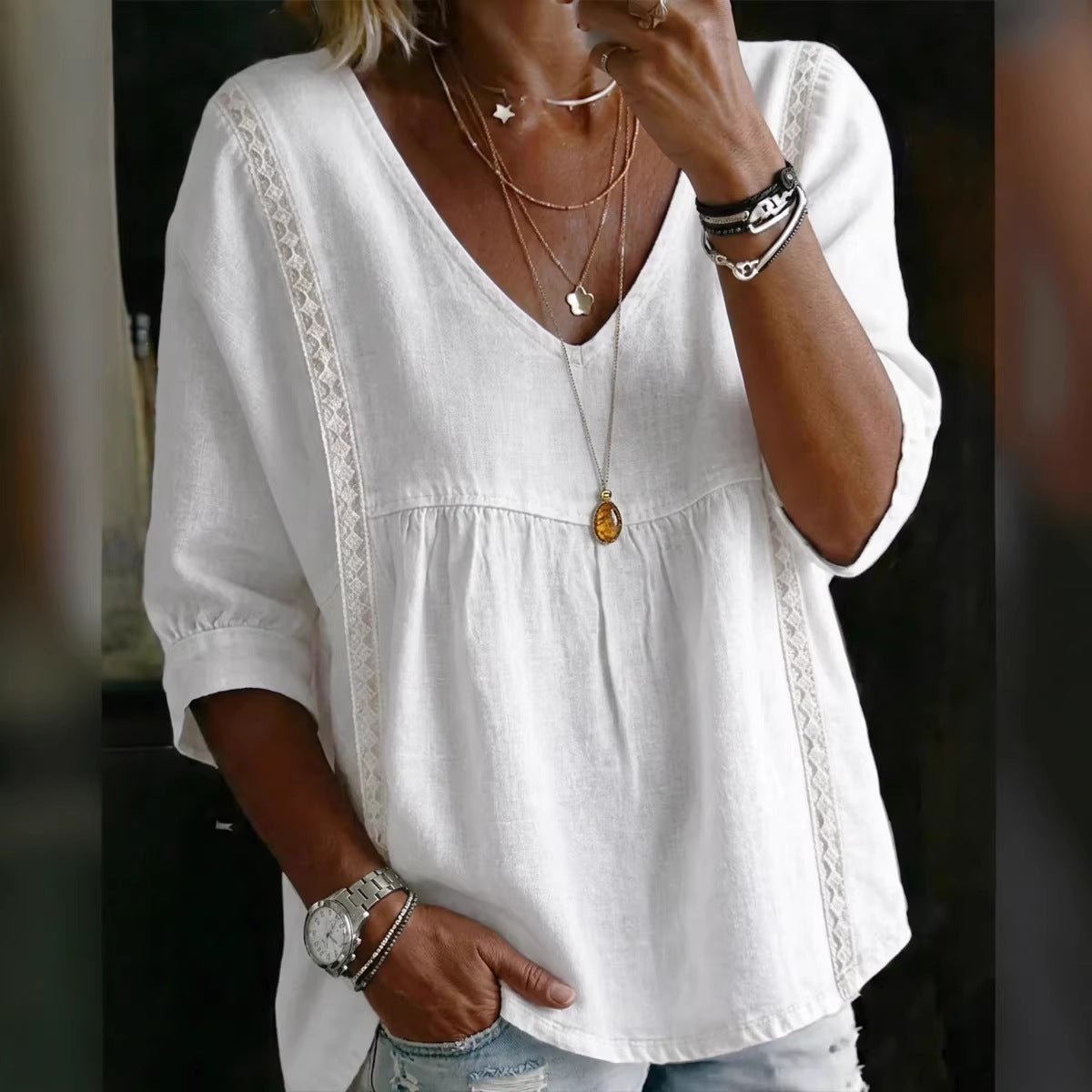 Women's Chic Loose-Fit V-Neck Lace Blouse