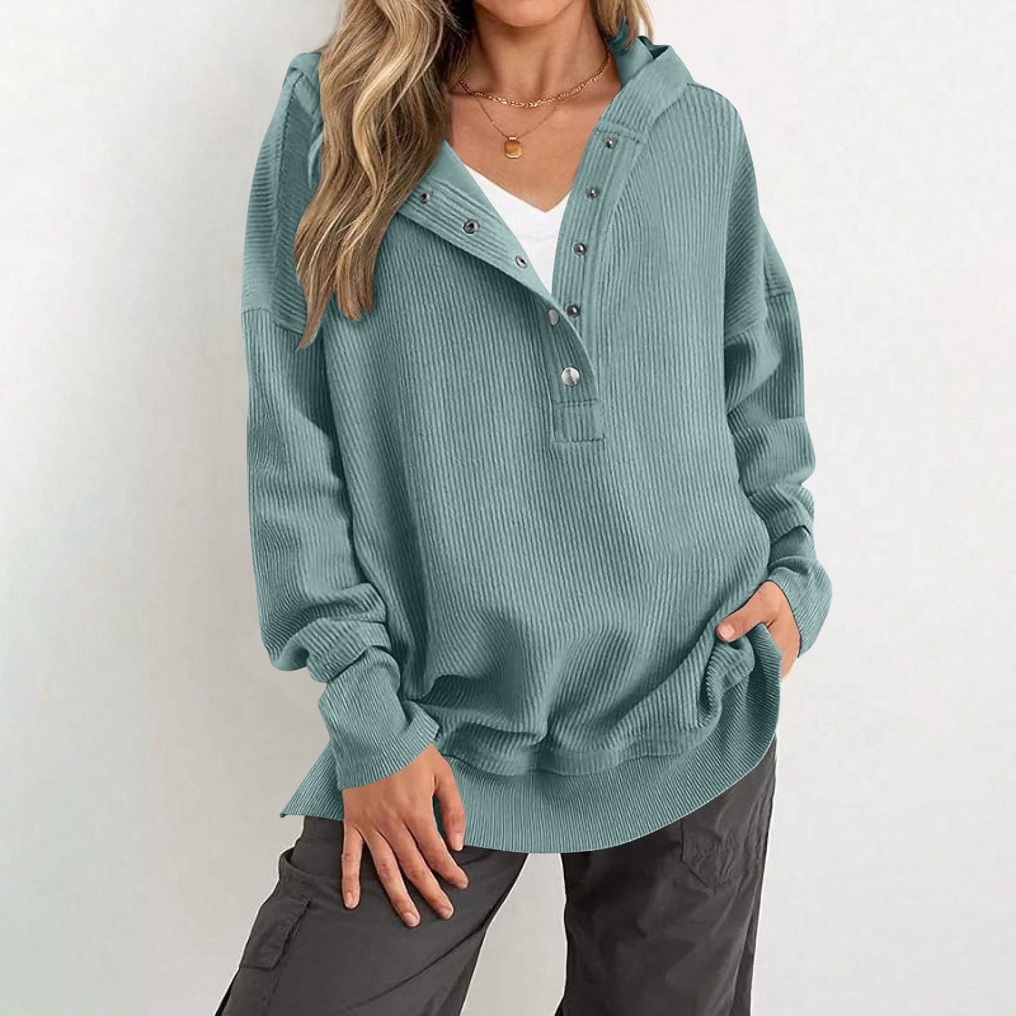 Womens Long Sleeve Tops Casual Ribbed Knit Half Button Hooded Pullover Sweatshirt Versatile Casual Wear