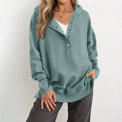 Womens Long Sleeve Tops Casual Ribbed Knit Half Button Hooded Pullover Sweatshirt Versatile Casual Wear