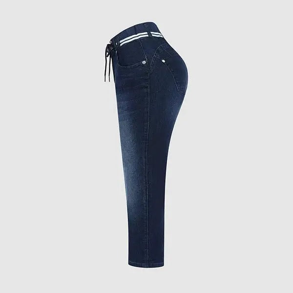 Wash Contrast Binding Double Button Drawstring Mid Waist High Stretch Fit Capri Jeans  Pant