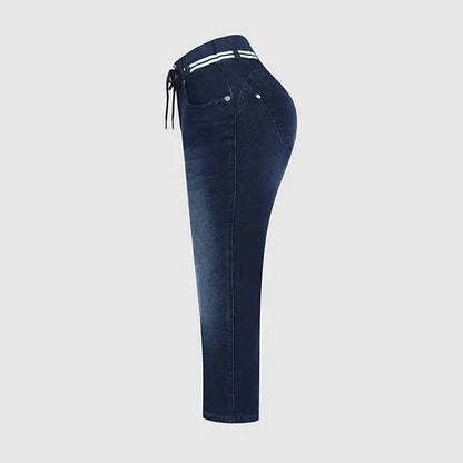 Wash Contrast Binding Double Button Drawstring Mid Waist High Stretch Fit Capri Jeans  Pant