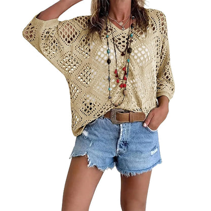 Women's Bohemian Crochet V-Neck Top - Lightweight Summer Cover-Up