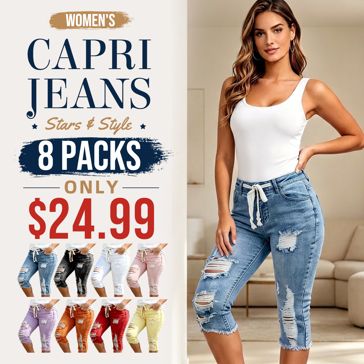 Women's Plus Size Distressed Ripped High-Waisted Capri Jeans