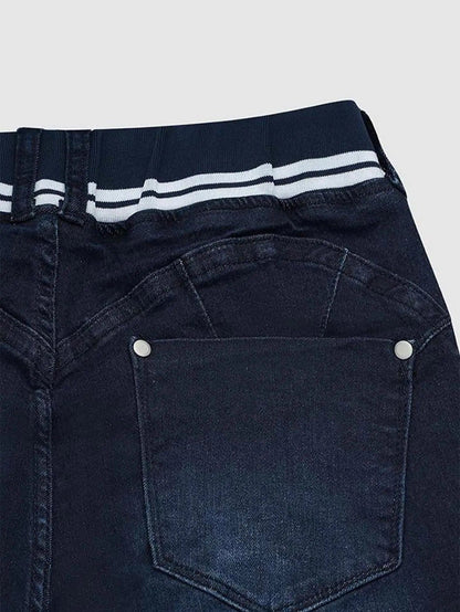 Wash Contrast Binding Double Button Drawstring Mid Waist High Stretch Fit Capri Jeans  Pant