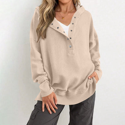 Womens Long Sleeve Tops Casual Ribbed Knit Half Button Hooded Pullover Sweatshirt Versatile Casual Wear
