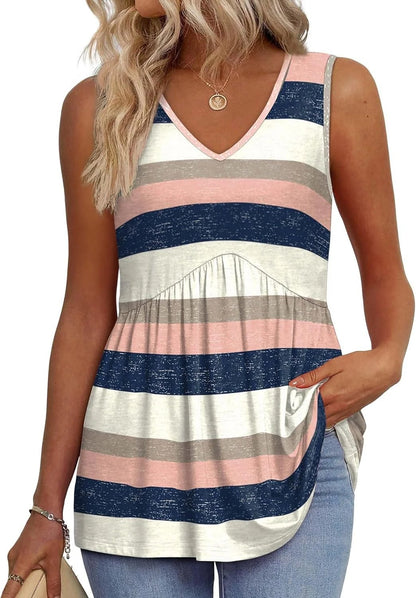 🔥Women's Print Flowy Sleeveless V Neck Peplum Tank Tops