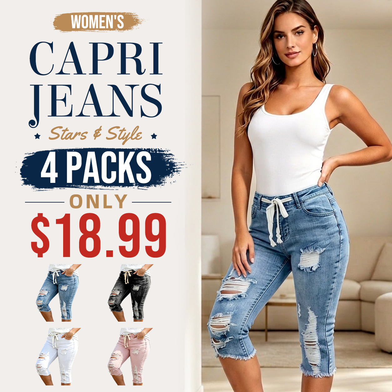 Women's Plus Size Distressed Ripped High-Waisted Capri Jeans