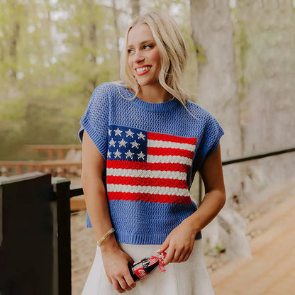 🔥4th of July Sale 🇺🇸 Women’s American Flag Graphic Knit Sweater Short Sleeve Casual Streetwear Top