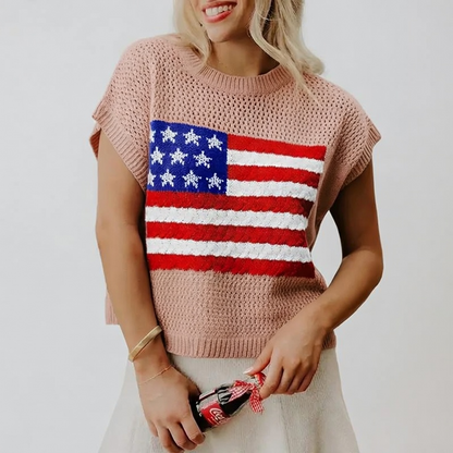 🔥4th of July Sale 🇺🇸 Women’s American Flag Graphic Knit Sweater Short Sleeve Casual Streetwear Top