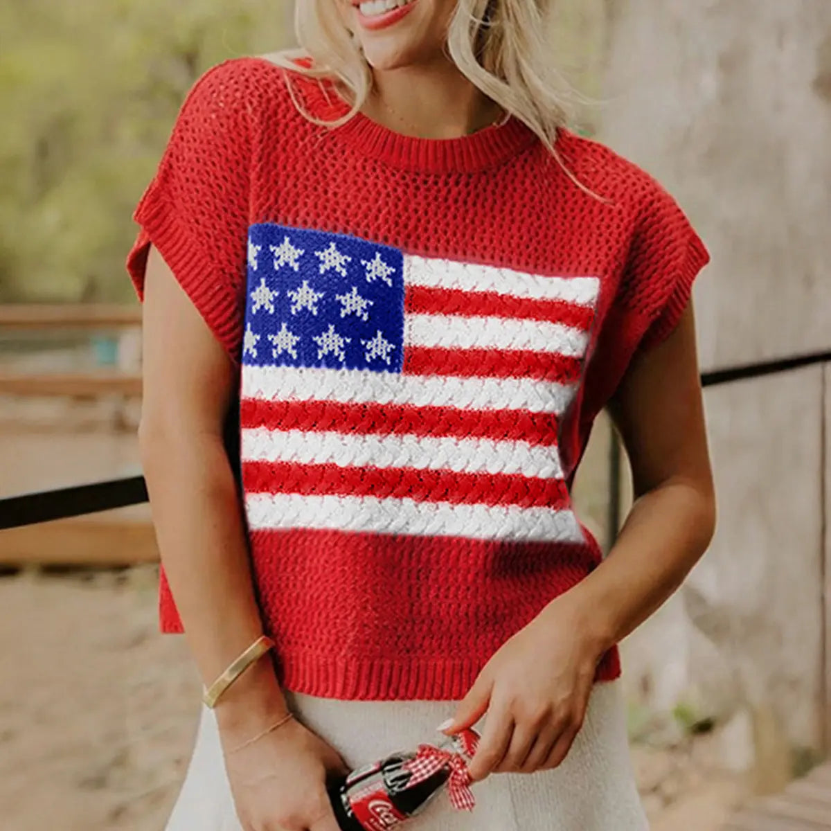 🔥4th of July Sale 🇺🇸 Women’s American Flag Graphic Knit Sweater Short Sleeve Casual Streetwear Top