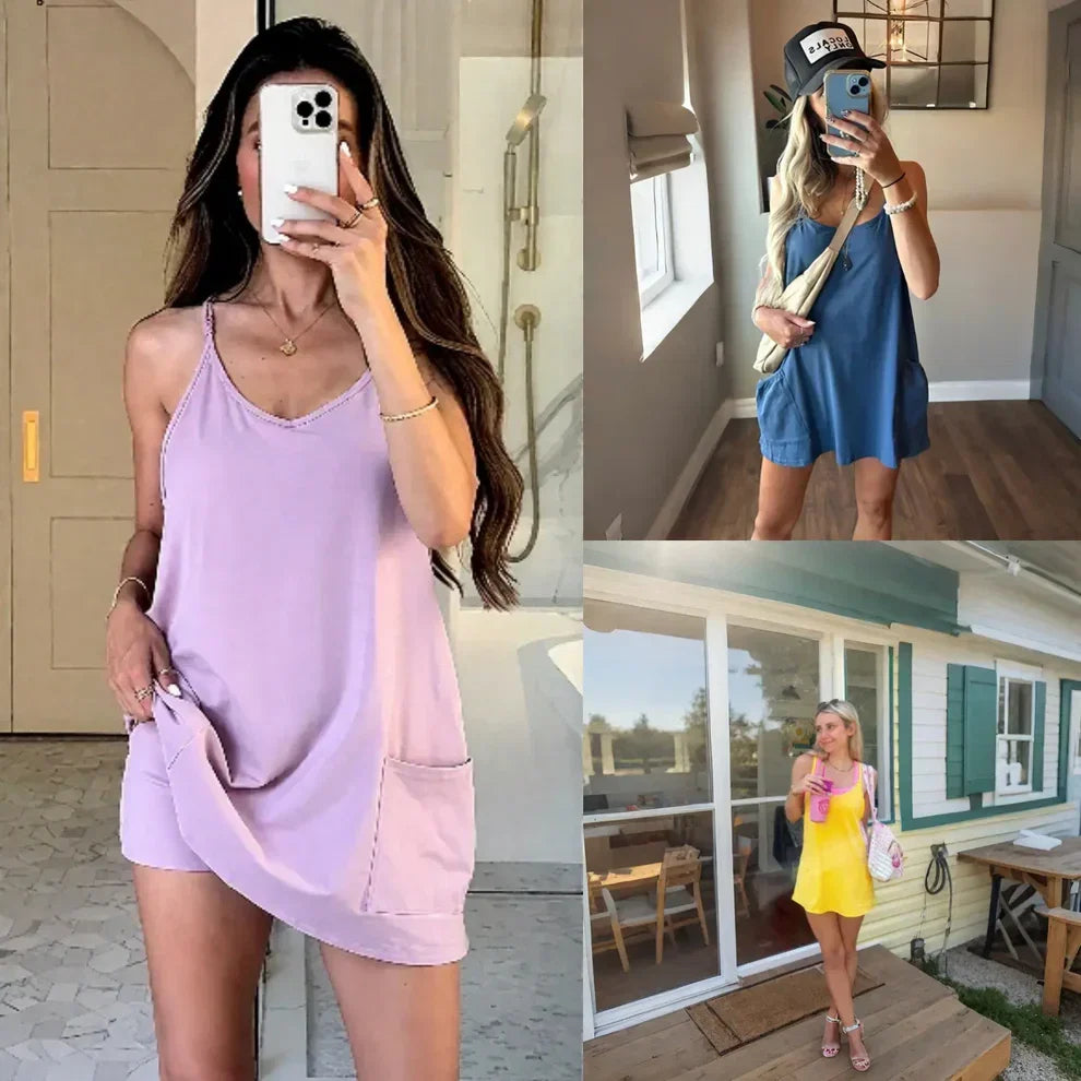 🔥Summer Sale🔥Womens Summer Sleeveless Mini Dress V Neck Spaghetti