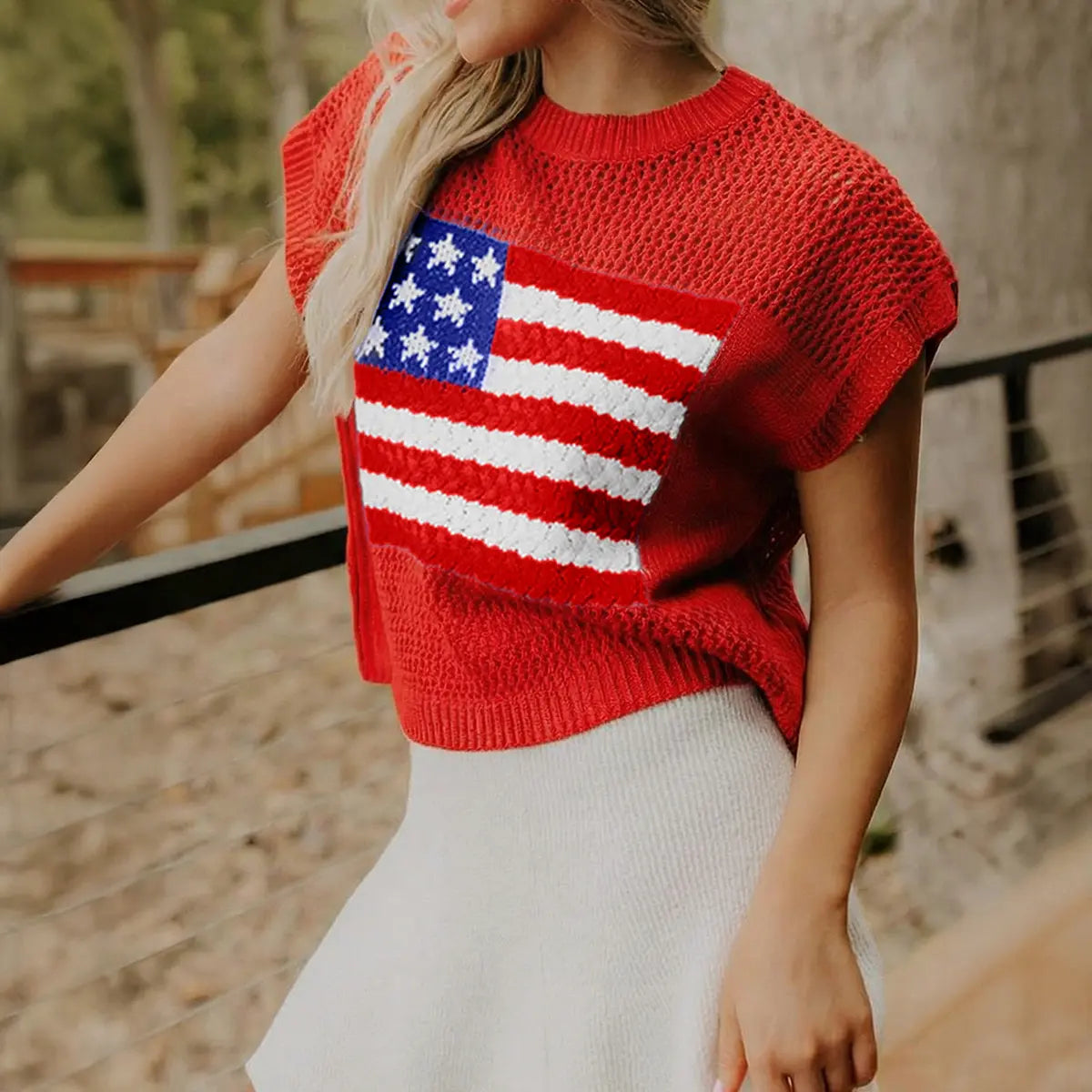 🔥4th of July Sale 🇺🇸 Women’s American Flag Graphic Knit Sweater Short Sleeve Casual Streetwear Top