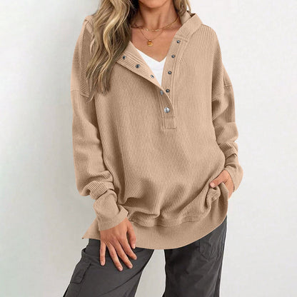 Womens Long Sleeve Tops Casual Ribbed Knit Half Button Hooded Pullover Sweatshirt Versatile Casual Wear