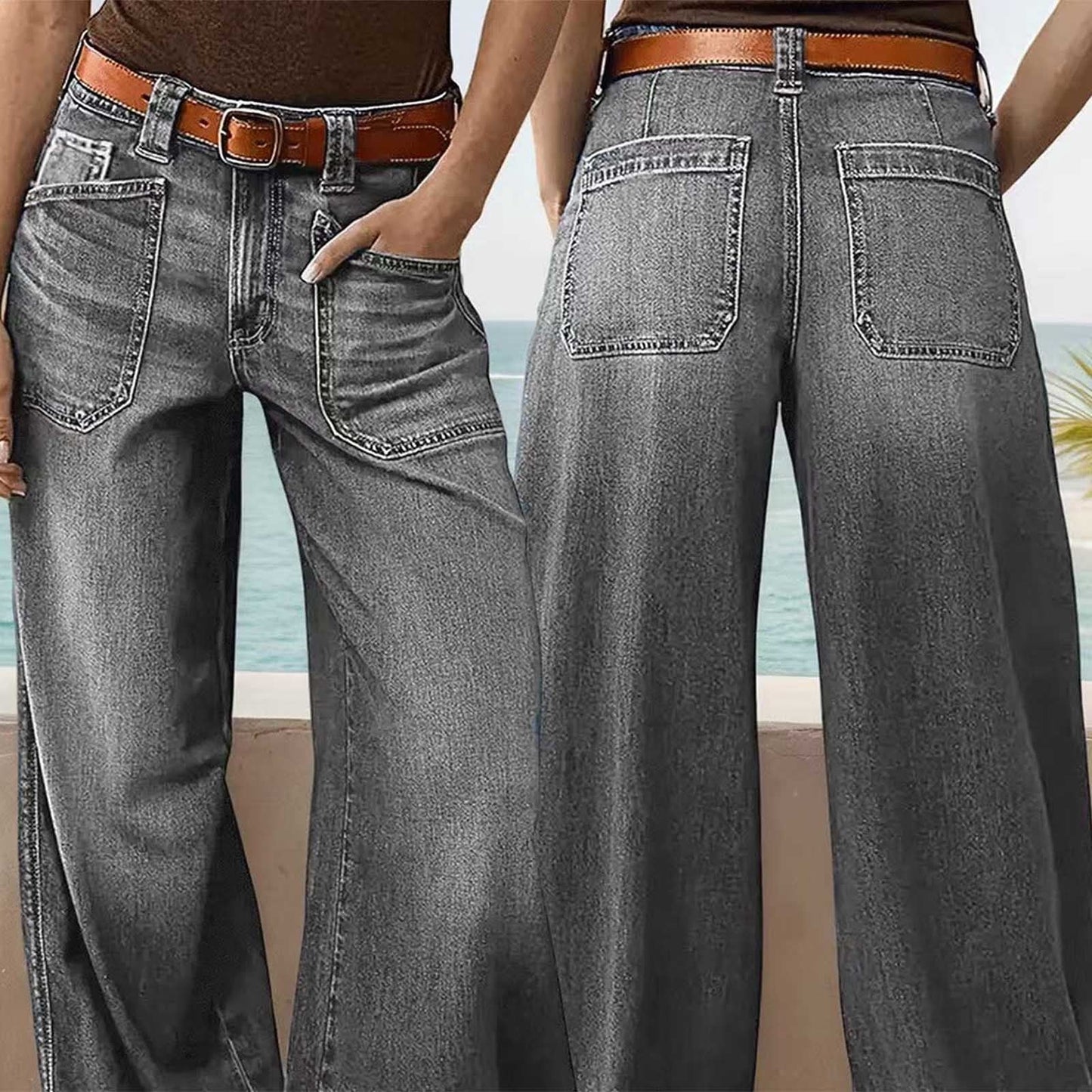 Miqool Women's Wide Leg Jeans Casual Loose Fit High Waisted Stretchy Baggy Denim Pants with Pockets