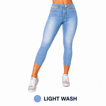 Wash Contrast Binding Double Button Drawstring Mid Waist High Stretch Fit Capri Jeans  Pant