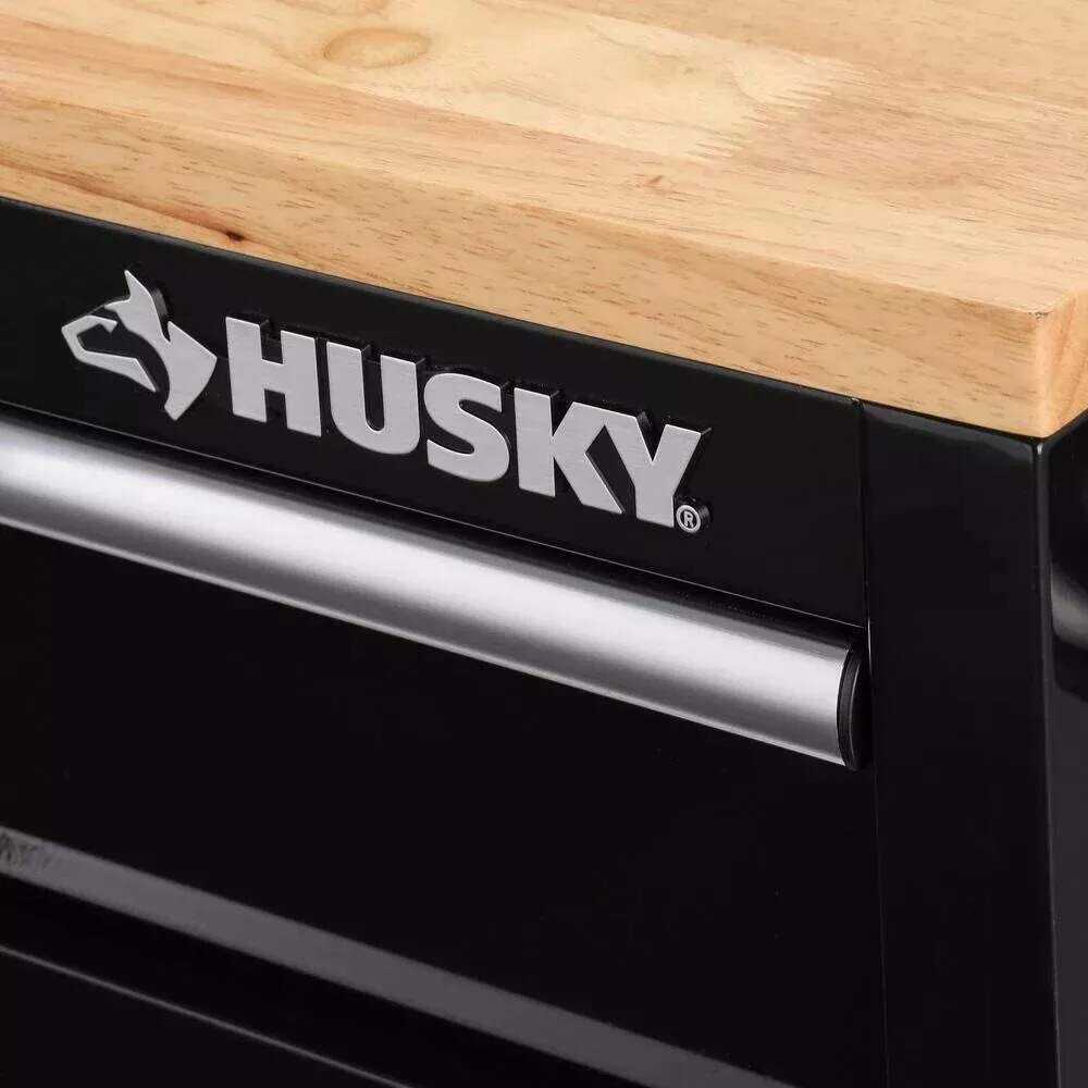 Husky 62 in. W x 24 in. D Standard Duty 14-Drawer Mobile Workbench Cabinet Tool Chest with Solid Wood Top in Gloss Black