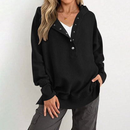 Womens Long Sleeve Tops Casual Ribbed Knit Half Button Hooded Pullover Sweatshirt Versatile Casual Wear
