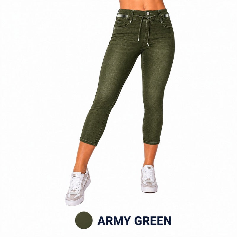 Wash Contrast Binding Double Button Drawstring Mid Waist High Stretch Fit Capri Jeans  Pant