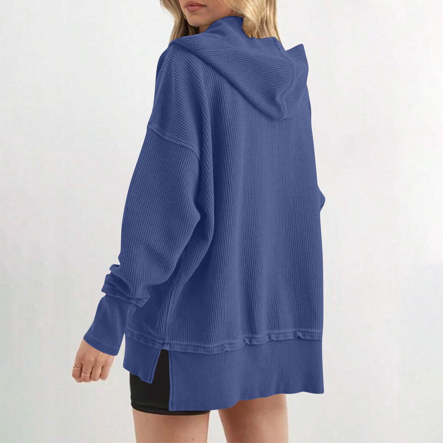 Womens Long Sleeve Tops Casual Ribbed Knit Half Button Hooded Pullover Sweatshirt Versatile Casual Wear