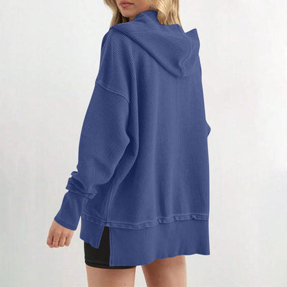 Womens Long Sleeve Tops Casual Ribbed Knit Half Button Hooded Pullover Sweatshirt Versatile Casual Wear