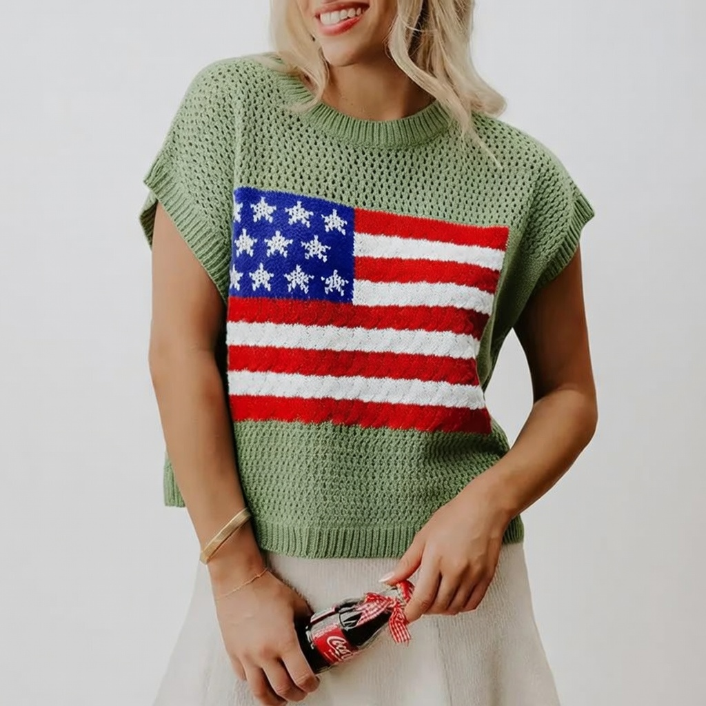 🔥4th of July Sale 🇺🇸 Women’s American Flag Graphic Knit Sweater Short Sleeve Casual Streetwear Top