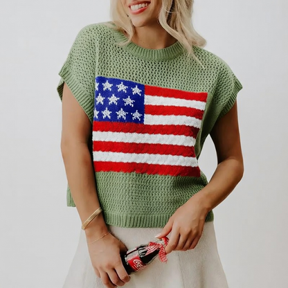🔥4th of July Sale 🇺🇸 Women’s American Flag Graphic Knit Sweater Short Sleeve Casual Streetwear Top