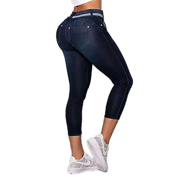 Wash Contrast Binding Double Button Drawstring Mid Waist High Stretch Fit Capri Jeans  Pant