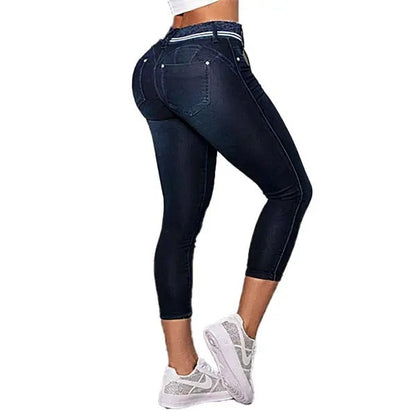 Wash Contrast Binding Double Button Drawstring Mid Waist High Stretch Fit Capri Jeans  Pant