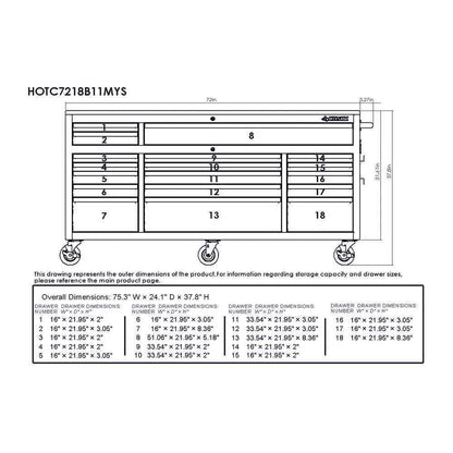 72 IN. 18-DRAWER MOBILE WORKBENCH WITH ADJUSTABLE-HEIGHT SOLID WOOD TOP IN MATTE BLUE