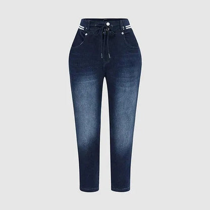 Wash Contrast Binding Double Button Drawstring Mid Waist High Stretch Fit Capri Jeans  Pant