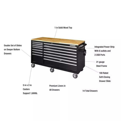62 IN. 14-DRAWER MOBILE WORKBENCH WITH SOLID WOOD TOP, BLACK
