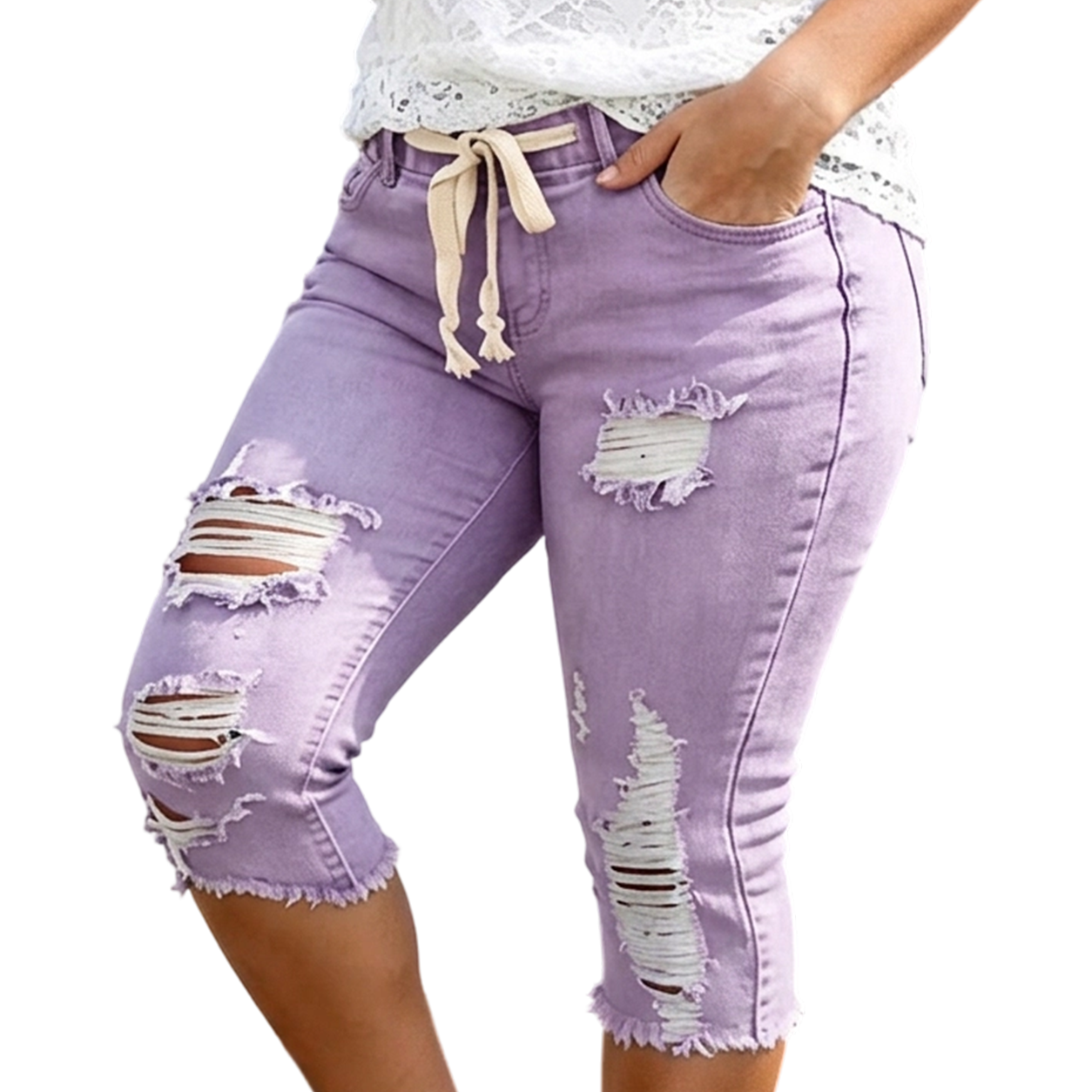 Women's Plus Size Distressed Ripped High-Waisted Capri Jeans