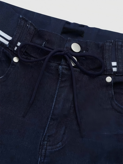 Wash Contrast Binding Double Button Drawstring Mid Waist High Stretch Fit Capri Jeans  Pant