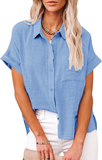 Womens Casual Cotton Linen Button Down Short Sleeve Shirts Solid Summer Beach Blouses Tops with Pocket