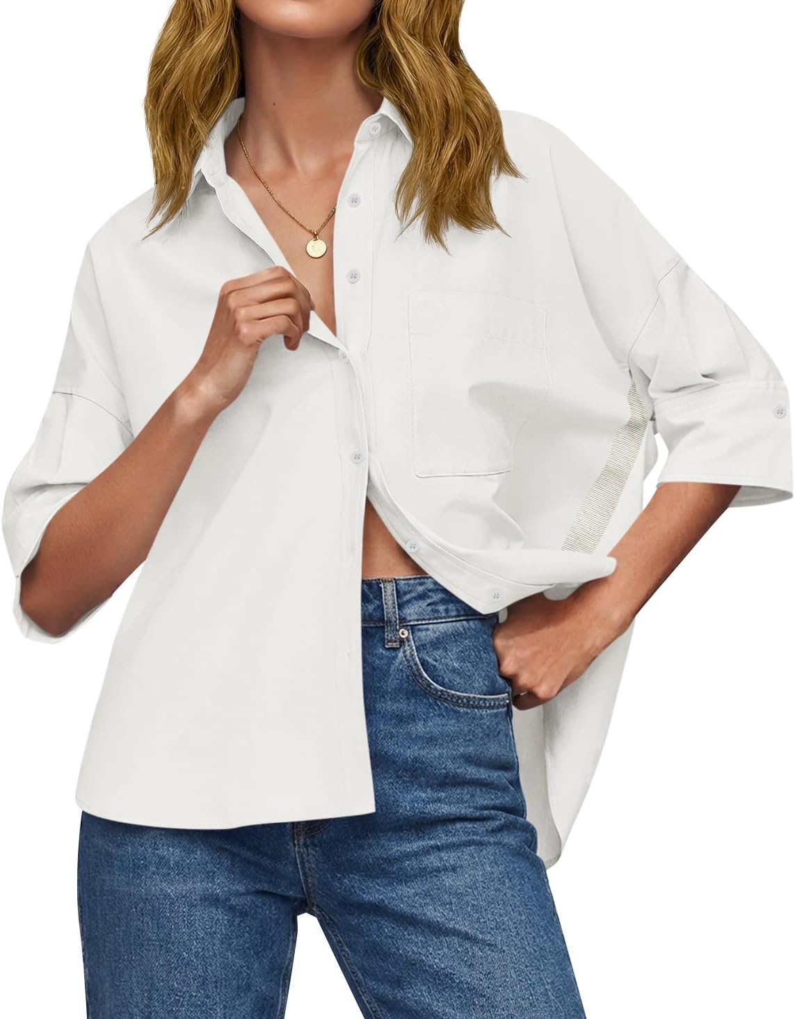 Cicy Bell Womens Oversized Button Down Shirts Half Sleeve Collared Tops | V Neck,High Low,Dressy Casual,Loose Fit Blouses,Business,Summer