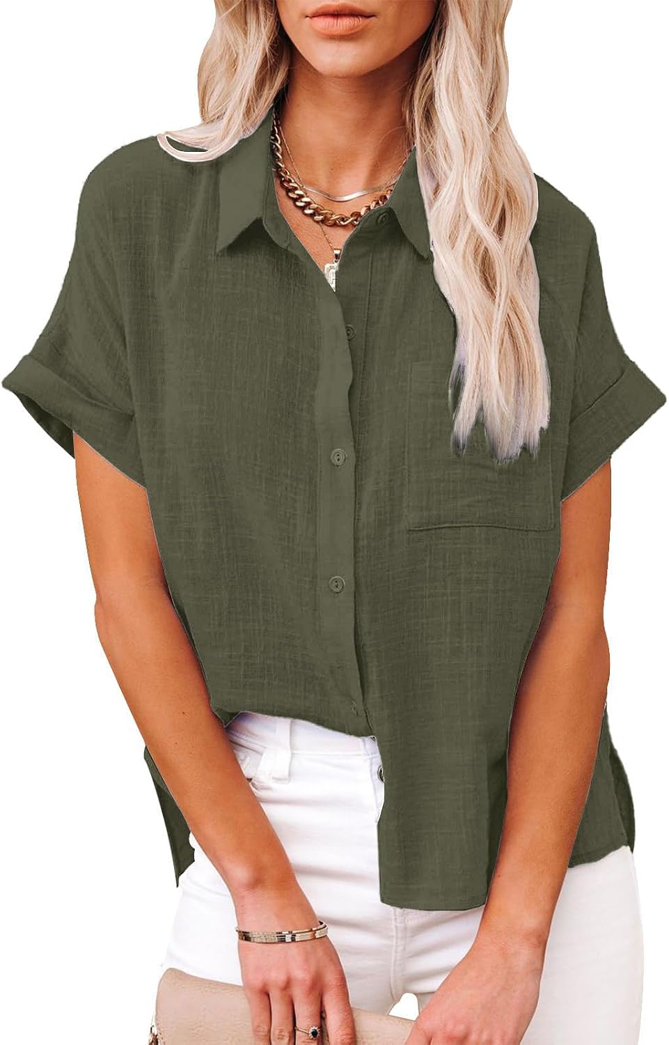 Womens Casual Cotton Linen Button Down Short Sleeve Shirts Solid Summer Beach Blouses Tops with Pocket