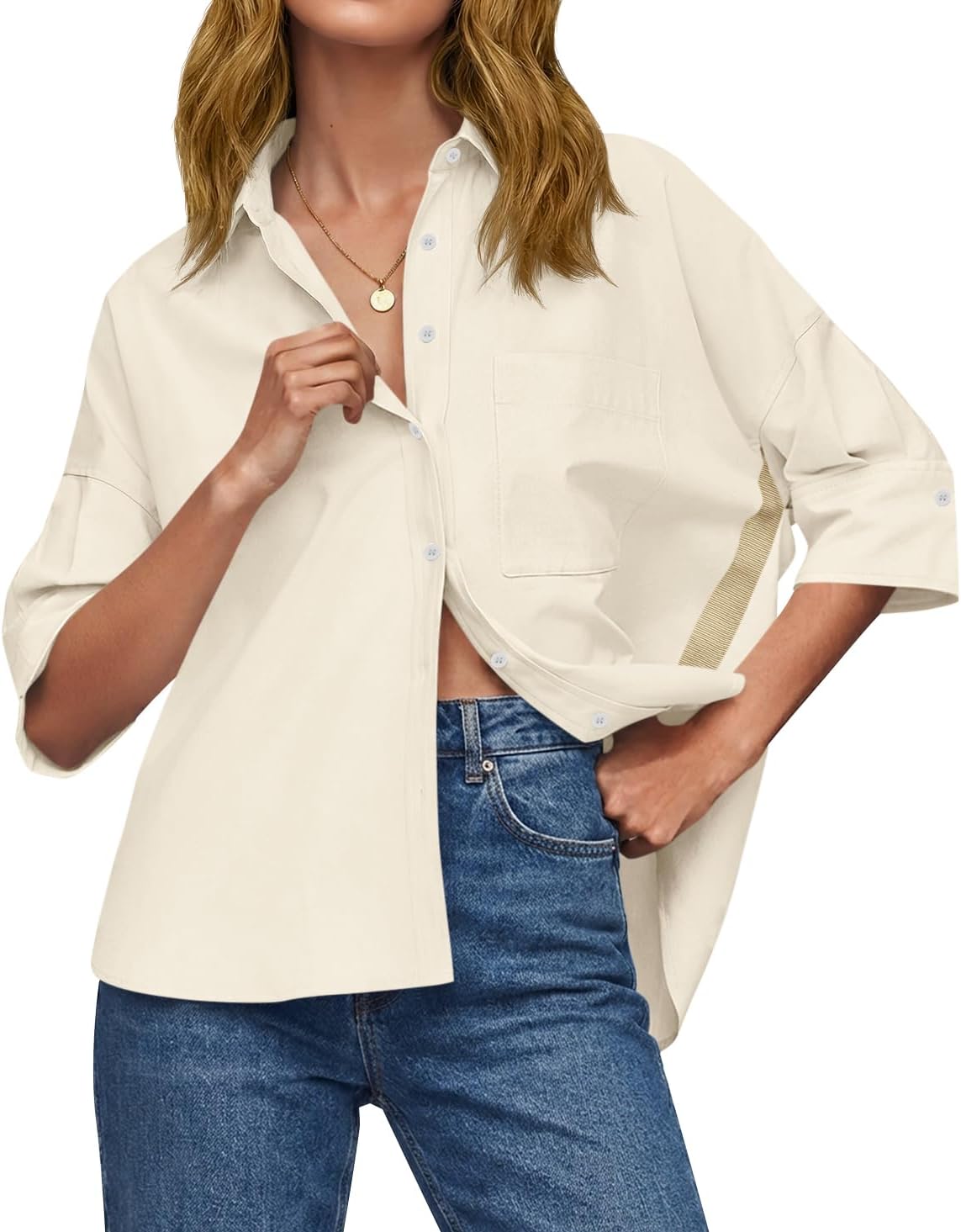 Cicy Bell Womens Oversized Button Down Shirts Half Sleeve Collared Tops | V Neck,High Low,Dressy Casual,Loose Fit Blouses,Business,Summer