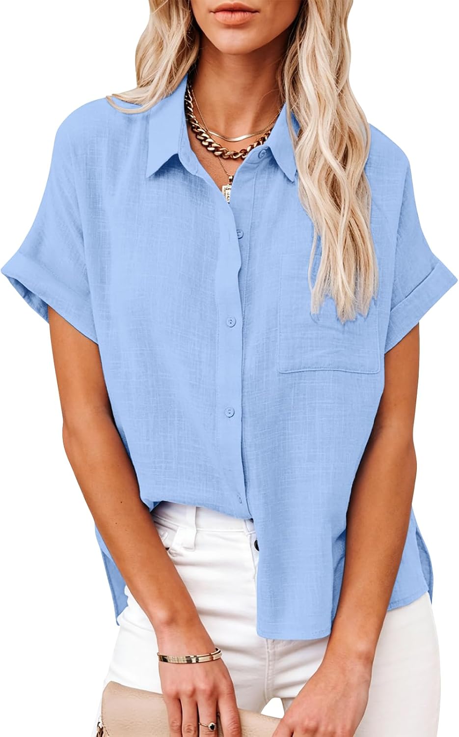 Womens Casual Cotton Linen Button Down Short Sleeve Shirts Solid Summer Beach Blouses Tops with Pocket