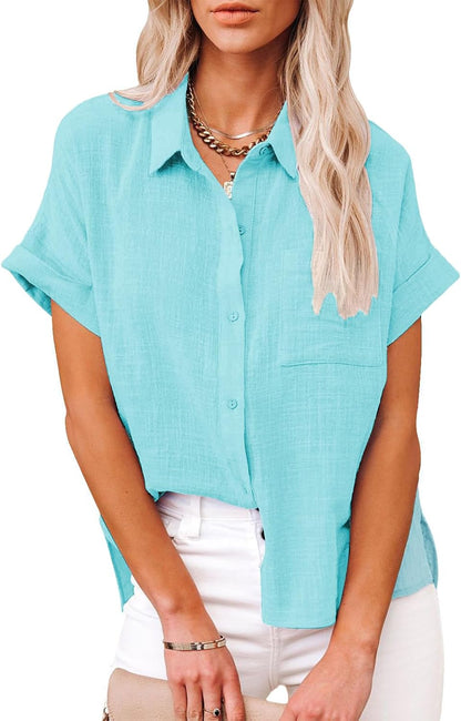 Womens Casual Cotton Linen Button Down Short Sleeve Shirts Solid Summer Beach Blouses Tops with Pocket