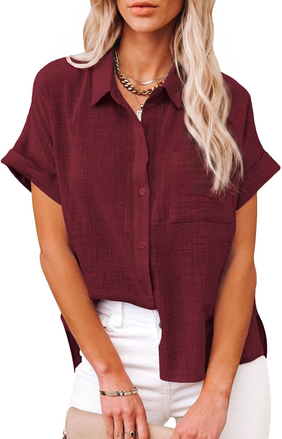 Womens Casual Cotton Linen Button Down Short Sleeve Shirts Solid Summer Beach Blouses Tops with Pocket