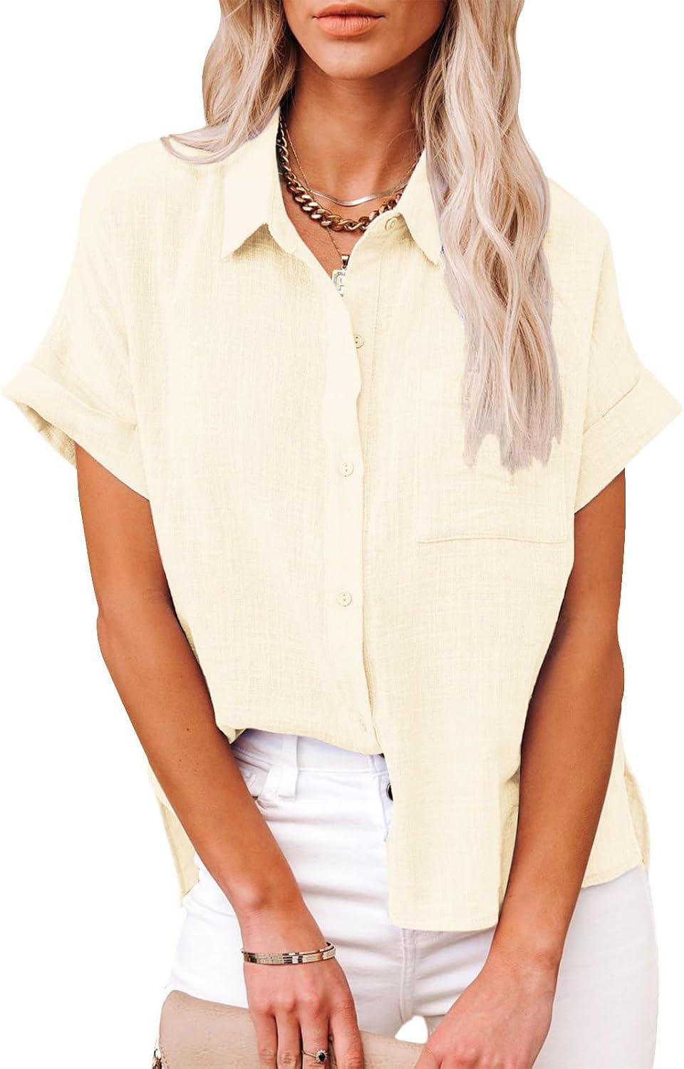 Womens Casual Cotton Linen Button Down Short Sleeve Shirts Solid Summer Beach Blouses Tops with Pocket