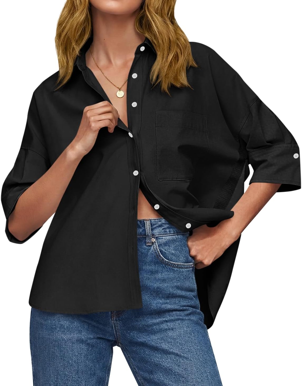 Cicy Bell Womens Oversized Button Down Shirts Half Sleeve Collared Tops | V Neck,High Low,Dressy Casual,Loose Fit Blouses,Business,Summer