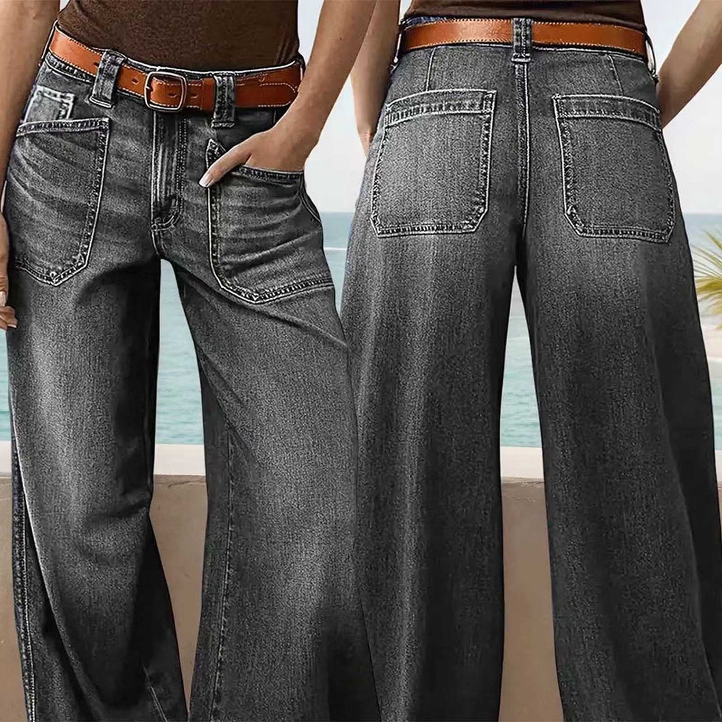 Miqool Women's Wide Leg Jeans Casual Loose Fit High Waisted Stretchy Baggy Denim Pants with Pockets