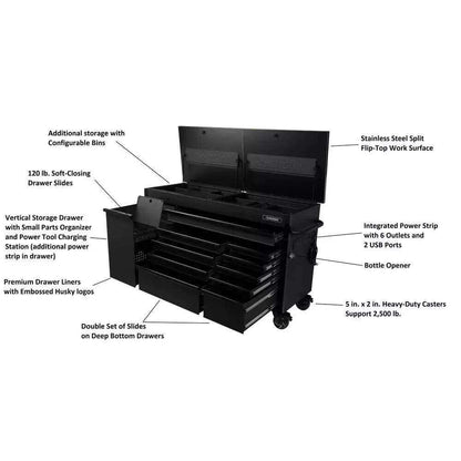 Husky 63 in. W x 23 in. D Heavy Duty 11-Drawer Mobile Workbench Cabinet with Flip-Top Stainless Steel Top in Matte Black