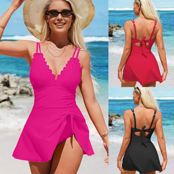 🎁2026 Hot Sale 80% OFF🌟Womens Deep V Tummy Control Scalloped Modest Tie Knot One Piece Swimsuit